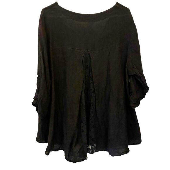 Liabella Black Linen Lace Back Pearl Button 3/4 Sleeve Flowy Lagenlook Blouse L - Picture 2 of 6